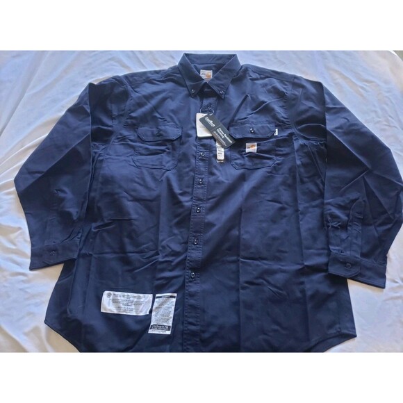 Carhartt FR CAT 2 Canvas Shirt Mens 2XL Tall Navy Blue Utility Workwear FRS160 - Picture 1 of 11